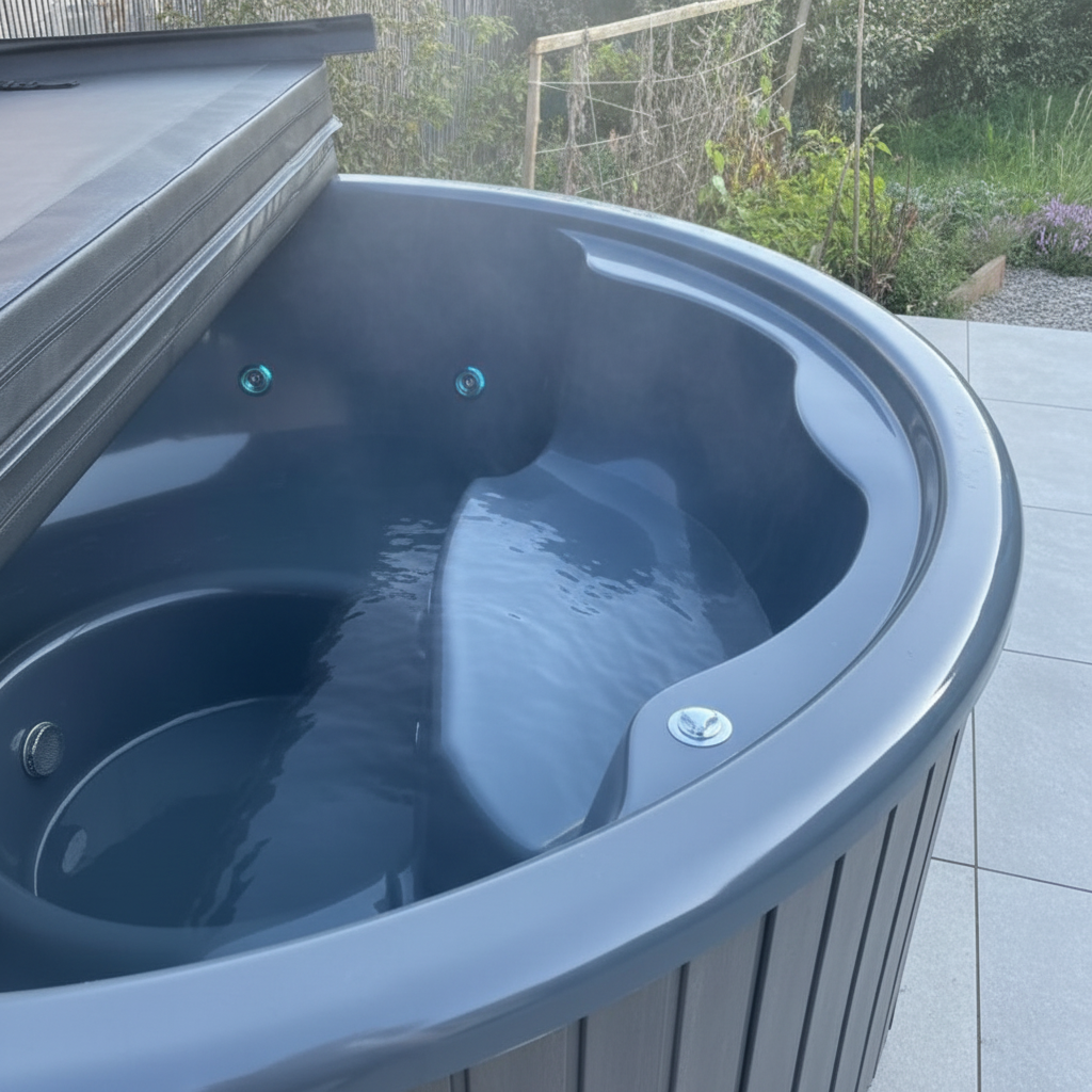 Ember wood fired hot tub interior showing moulded seating, hydro jets and deep soaking design with insulated cover partially open