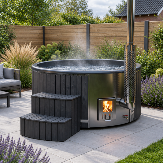 Ember 225cm premium wood fired hot tub in a landscaped UK garden