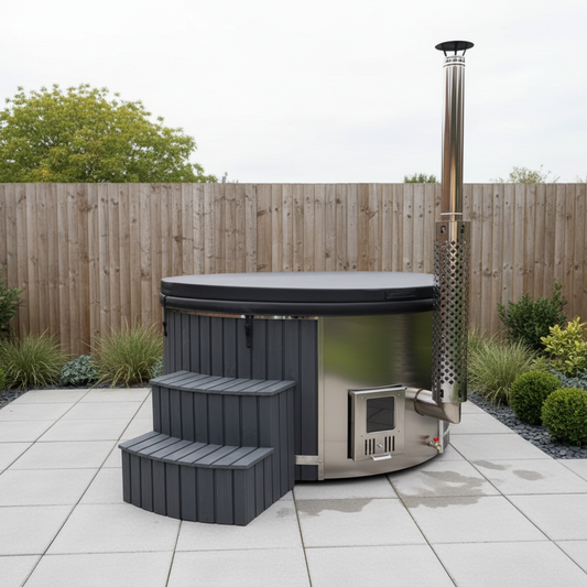 Ember wood fired hot tub with insulated cover in a UK garden, featuring integrated heater and modern dark timber cladding