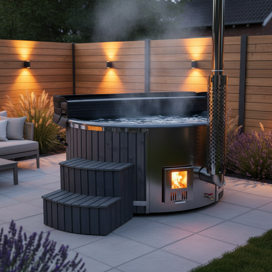 Ember wood fired hot tub in a premium UK garden at dusk with warm lighting, visible fire in the heater and steam rising from the water
