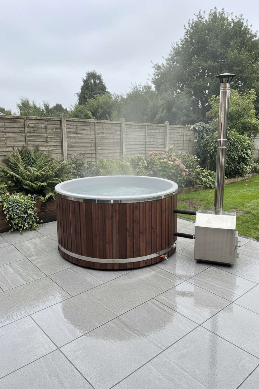 Wood fired hot tub with external heater and chimney showing how the heating system works