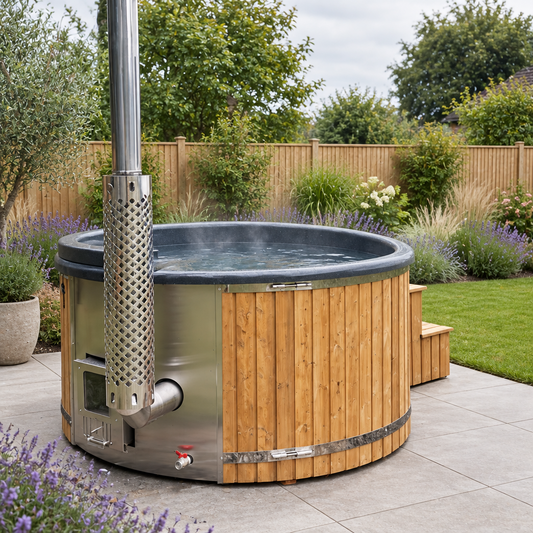 Solstice integrated wood fired hot tub in a landscaped UK garden