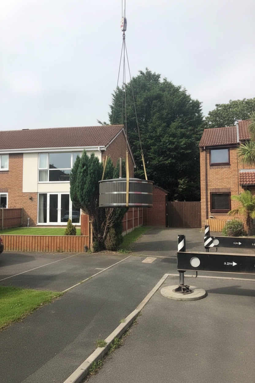 Wood fired hot tub lifted by crane into UK garden for restricted access delivery
