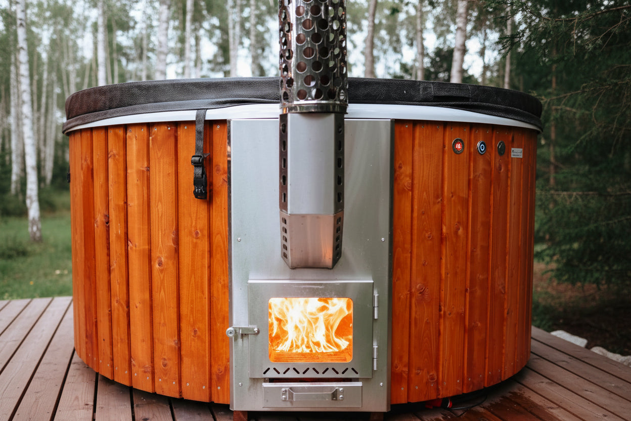 wood fired hot tub integrated heater with visible fire burning inside the stove