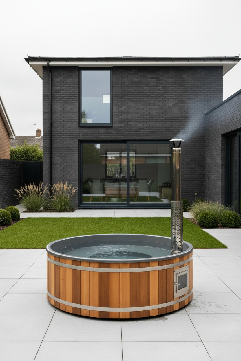 Wood fired hot tub in a modern UK garden with porcelain patio and contemporary brick home