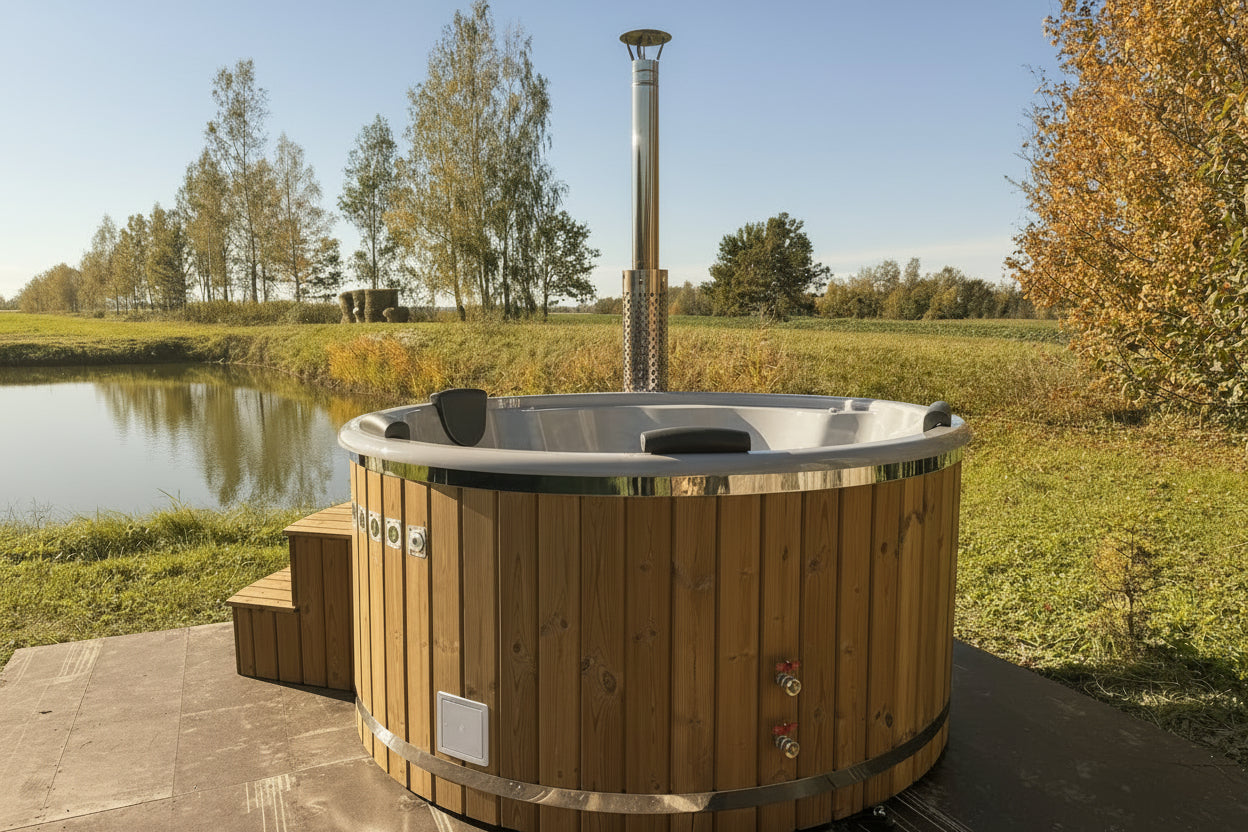 wood fired hot tub with wooden cladding placed outdoors beside a pond in a natural setting