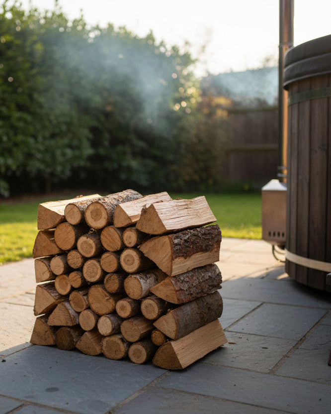 Small stack of firewood next to a wood fired hot tub showing typical fuel required for heating