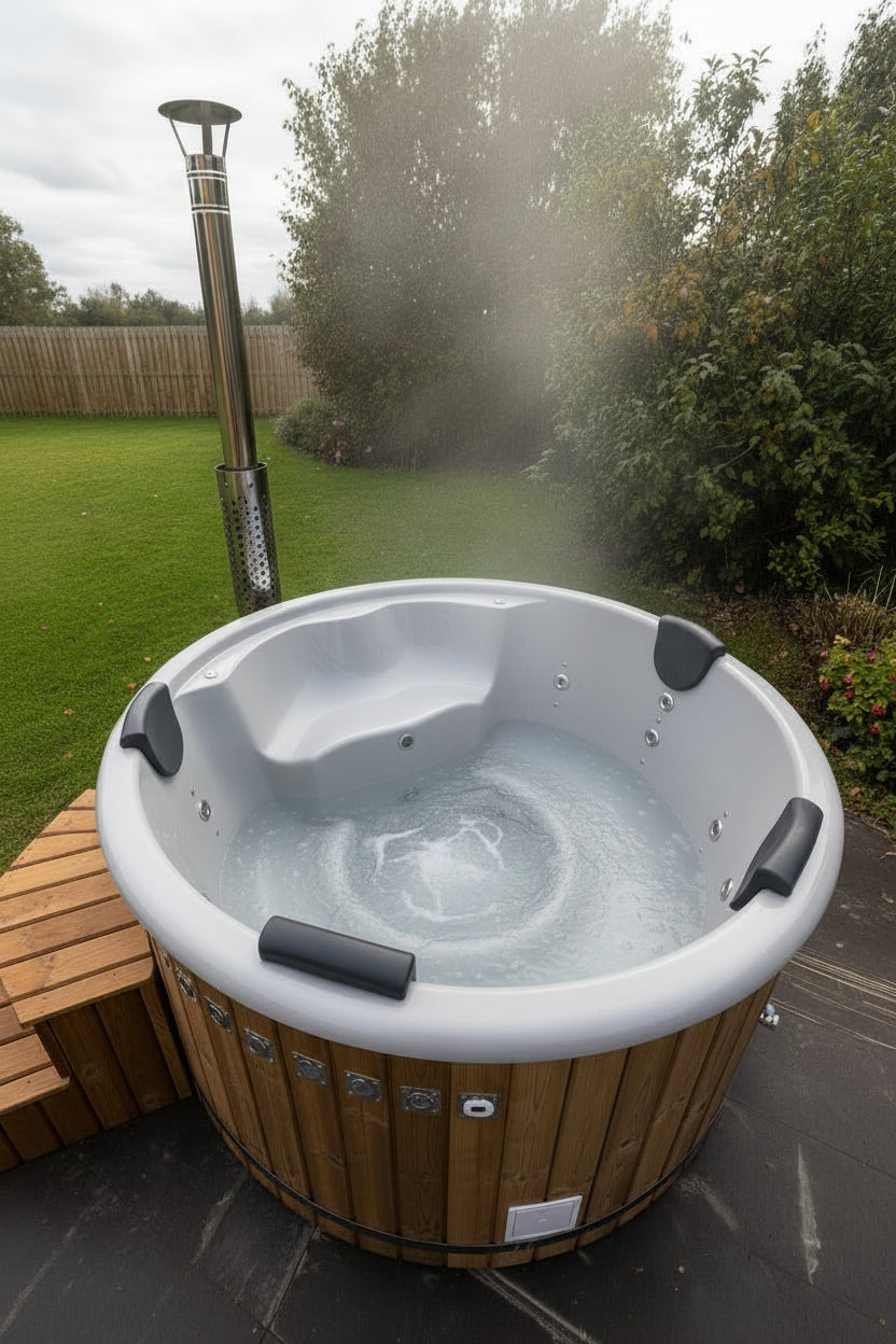 Wood fired hot tub shown from above with steps and heater to demonstrate size and capacity