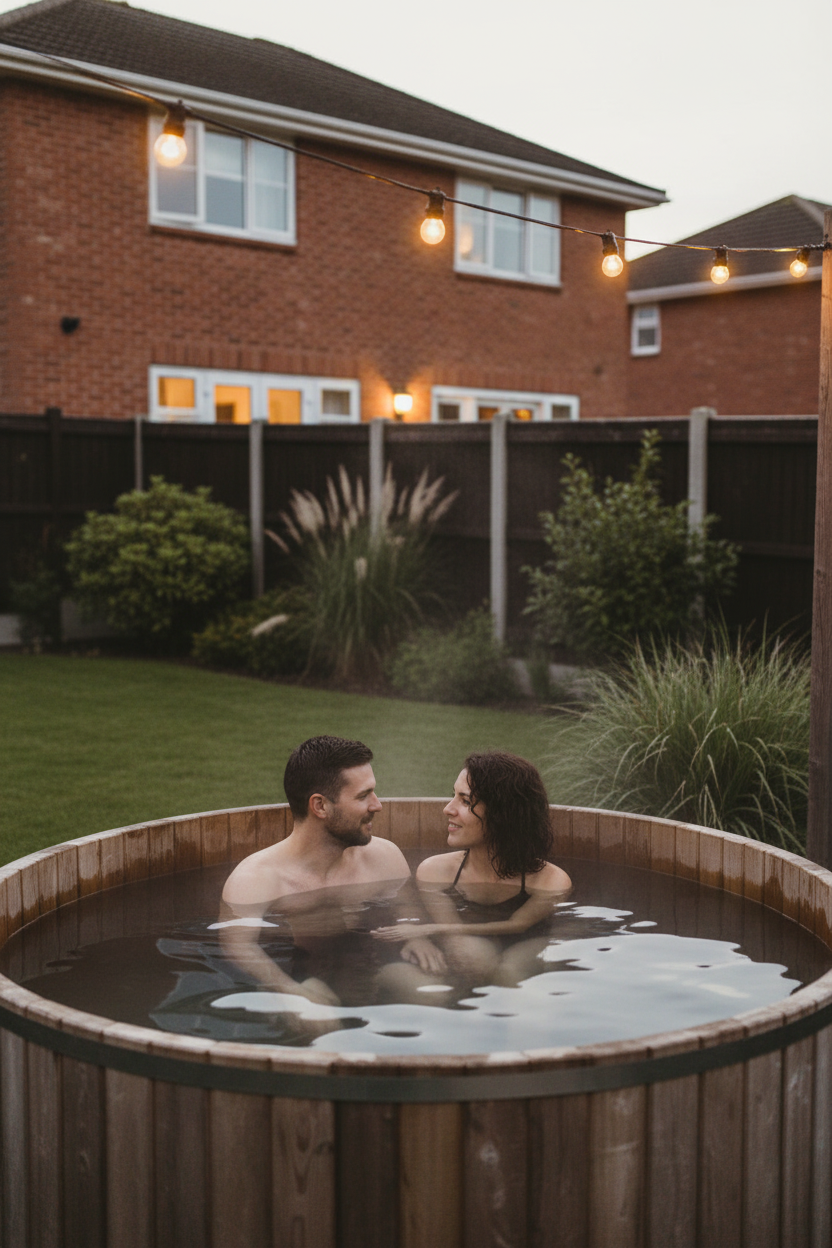 Couple relaxing in a wood fired hot tub in a UK garden at dusk with warm ambient lighting